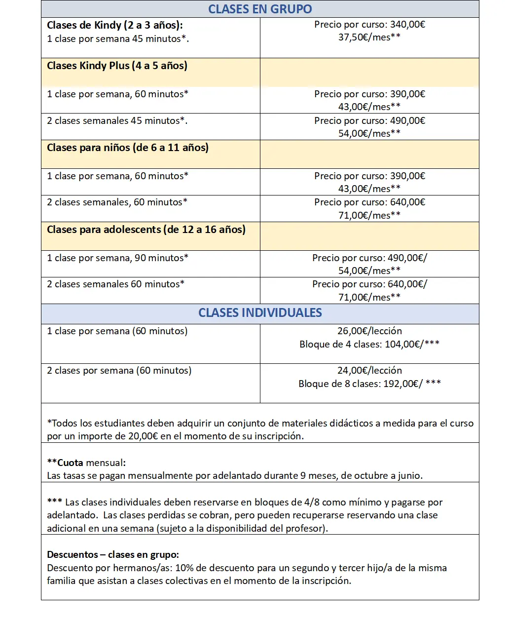 Programa de tarifas